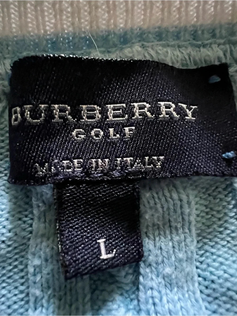 Burberry Light Blue Cable Knit V-Neck Sweater with White Trim